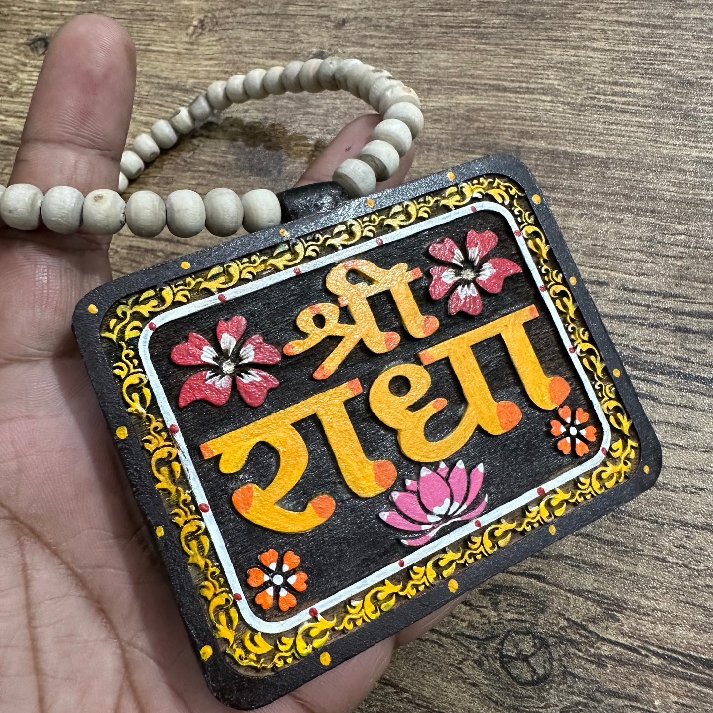 4 inch size Radha name Hand painted wood locket with 24 inch Tulsi mala